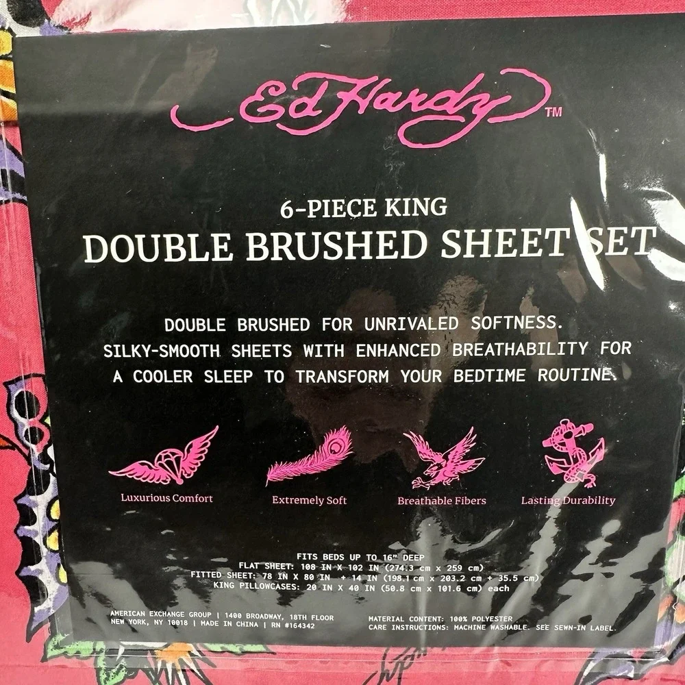 Ed Hardy King Size 6-Piece Sheet Set Pink Skull Rose Tattoo Print 4 Pillowcases